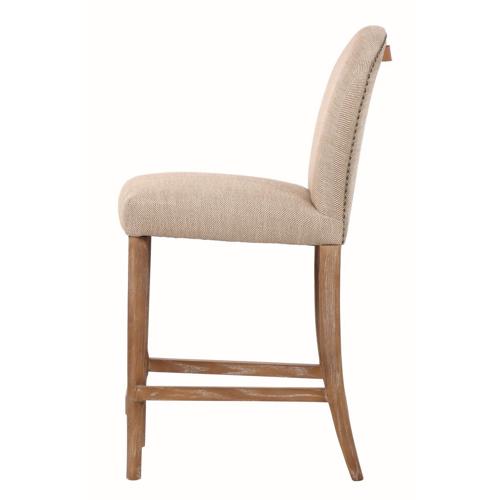 AMBERLEY FABRIC BENCH HEIGHT BARSTOOL W/ LEATHER HANDLE & STUDS