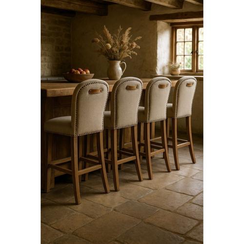 AMBERLEY FABRIC BENCH HEIGHT BARSTOOL W/ LEATHER HANDLE & STUDS