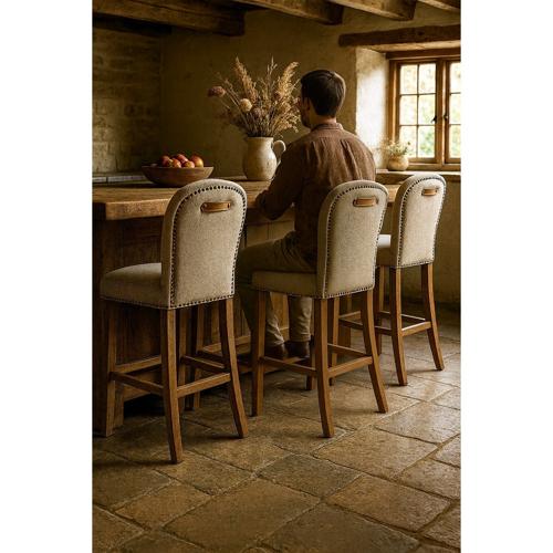 AMBERLEY FABRIC BENCH HEIGHT BARSTOOL W/ LEATHER HANDLE & STUDS