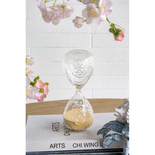 ROSE EMBOSSED HOUR GLASS WITH TAN SAND - SMALL
