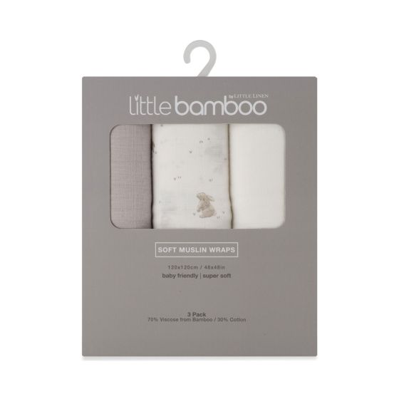 Little Bamboo Muslin Wraps 3pk - Stone Grey - Little Bamboo