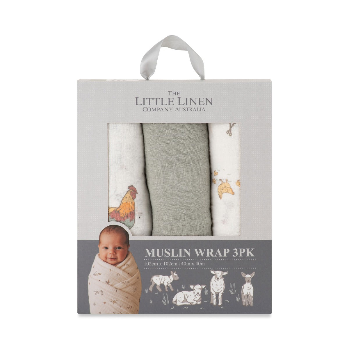 Little Linen Muslin Wraps 3Pk - Farmyard Lamb