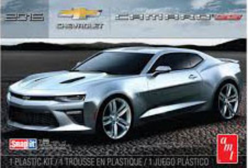 Plastic model kit of a 2016 Chevy Camaro SS in black, perfect for builders ages 10 and up to assemble and customize.