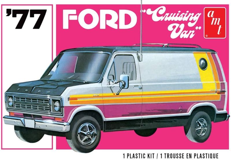 1/25 scale model kit of the 1977 Ford Cruising Van, ideal for hobbyists and collectors, requiring glue and paint to assemble.