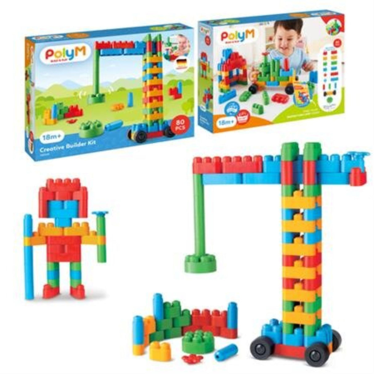Colorful Blocks Creative Builder Kit - PolyM featuring 80 bricks, eye stickers, and instructions for imaginative building fun.