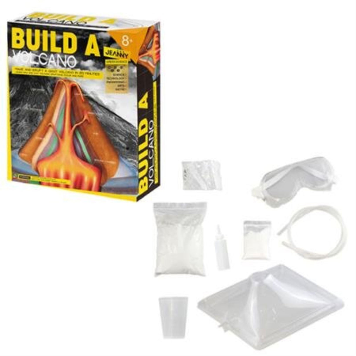 Kit to create and erupt a giant volcano in 20 minutes, featuring quick-drying compound.