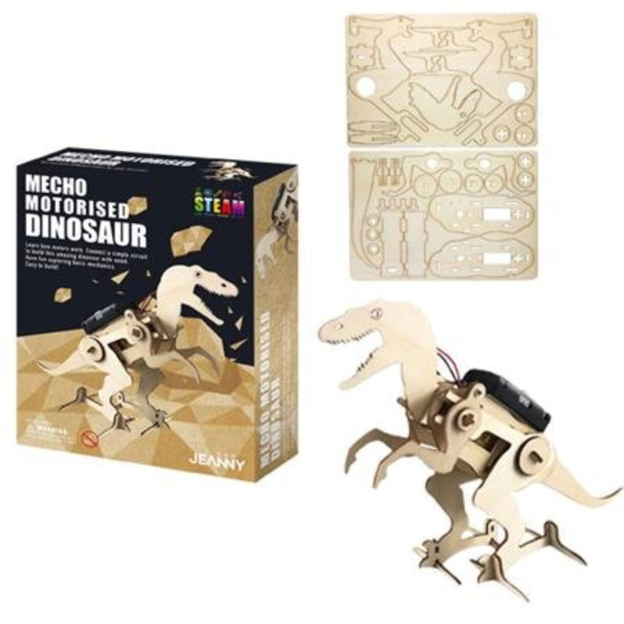 Motorised dinosaur model kit for learning about circuits, made of wood, sized 21.5 x 16.5 x 5.5cm.