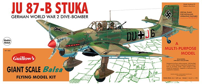 Balsa Glider Kit - 1/16 JU-87B Stuka model showcasing WWII dive bomber design with 34" wingspan, perfect for hobbyists.