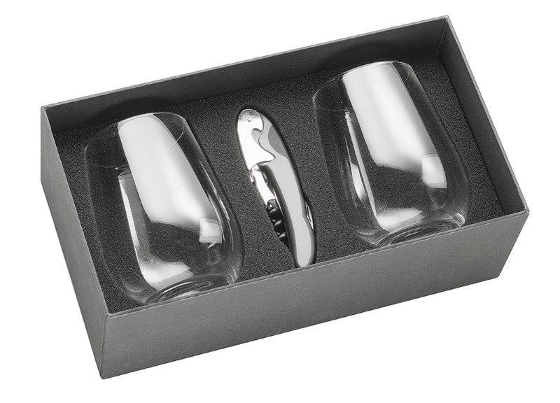 Elegant Wine Glass Set with 2 stemless glasses, 450ml capacity, and a waiter's friend, beautifully packaged for gifting.