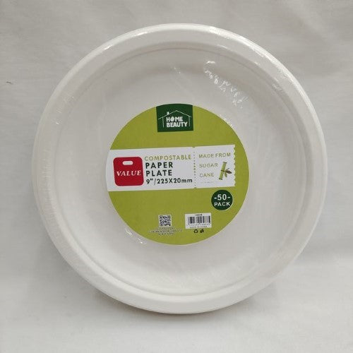 Eco-friendly 9-inch compostable plates, 50 per pack, perfect for sustainable gatherings and stylish table settings.