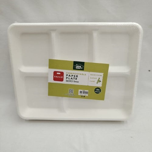Eco-friendly compostable plates, 265x215mm, pack of 6, perfect for sustainable dining at any occasion.