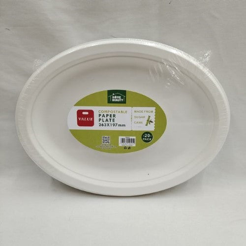 Compostable oval plates in a pack of 6, made from biodegradable materials for sustainable dining.