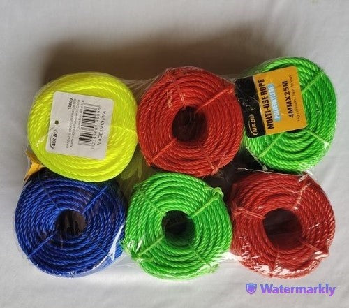 Durable 4mm laundry rope (25m) pack of 6, perfect for indoor/outdoor use, strong grip for heavy loads.