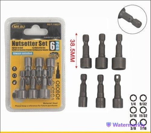 6pcs Nutsetter Set with sizes 1/4 to 7/16, durable and versatile for fasteners, suitable for professionals and DIY.