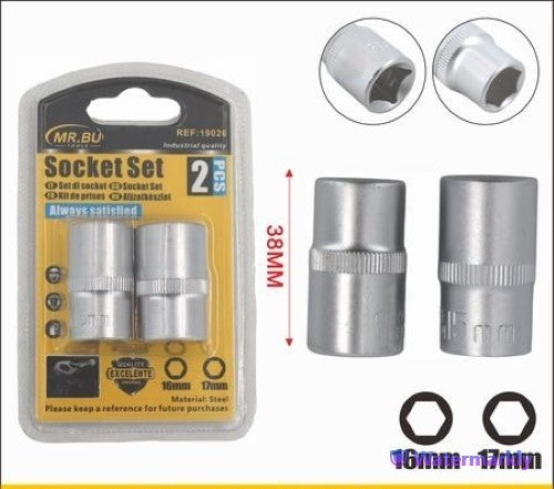 Premium 2pcs Socket Set in 16mm, 17mm, and 38mm sizes, made of chrome vanadium steel, ideal for mechanics and DIY projects.