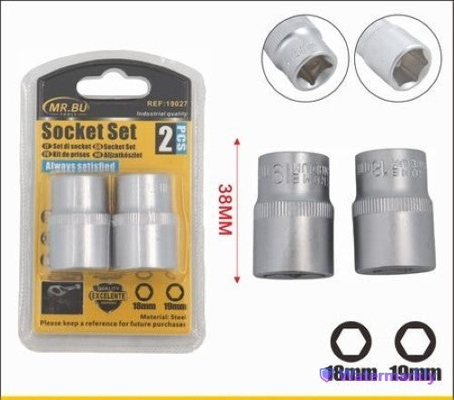 Durable 2pcs Socket Set (18mm/19mm, 38mm) in chrome vanadium steel, ideal for automotive and mechanical projects. Pack of 12.