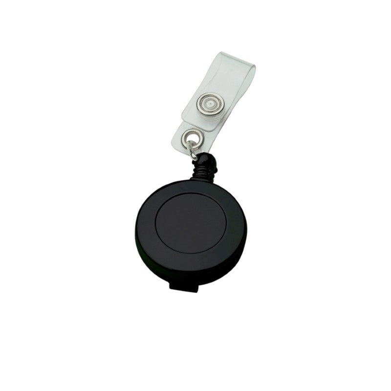 Sleek black badge holder with retractable cord, metal clip, and compact design for easy ID display at events or in the workplace.