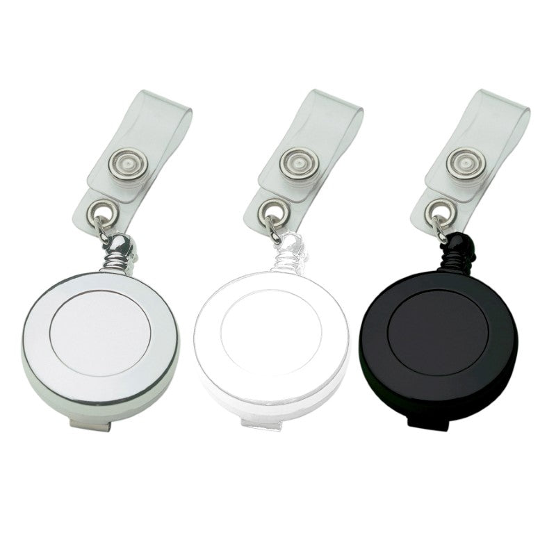 Premium silver badge holder with retractable cord for easy ID access; features durable plastic and metal clip.