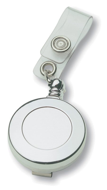 Premium silver badge holder with retractable cord, designed for secure and stylish ID display.