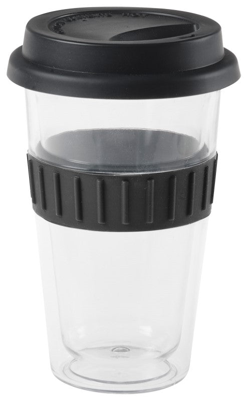 Stylish black double-walled plastic mug with silicone lid, perfect for hot or cold drinks, 350ml capacity.
