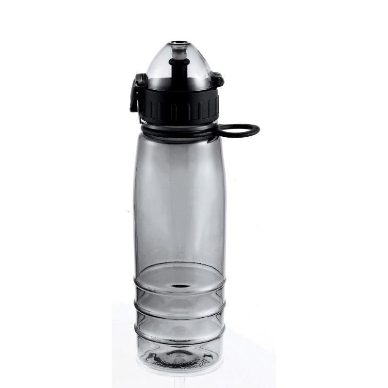 Flip-top sports bottle in smoke color, 650ml capacity, shatter-resistant, BPA-free, ideal for hydration on-the-go.