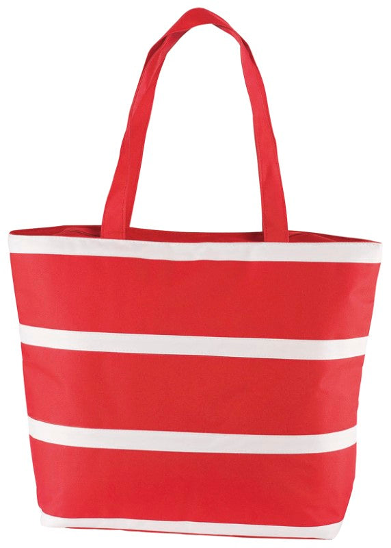 Red insulated cooler bag made of durable polyester, featuring a spacious zippered compartment and comfortable handle for outdoor use.