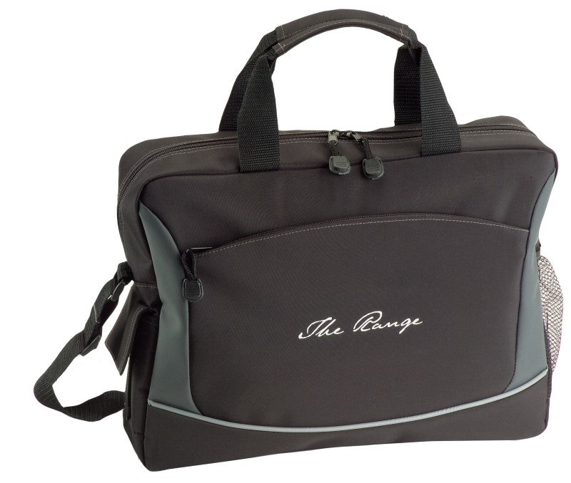 Sleek microfibre Conference Bag with zippered compartments, adjustable strap, and drink pocket for professional events.