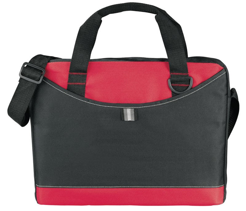 Vibrant red Crayon Conference Bag with zippered compartment, Velcro pocket, and adjustable strap for professional events.