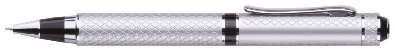 Sophisticated twist action metal pencil with a matt silver finish, diamond pattern, and black accents for elegant writing.