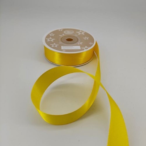 Satin ribbon pack in lemon-yellow, 2cm wide, 22m per roll, ideal for crafting, gift wrapping, and celebrations.