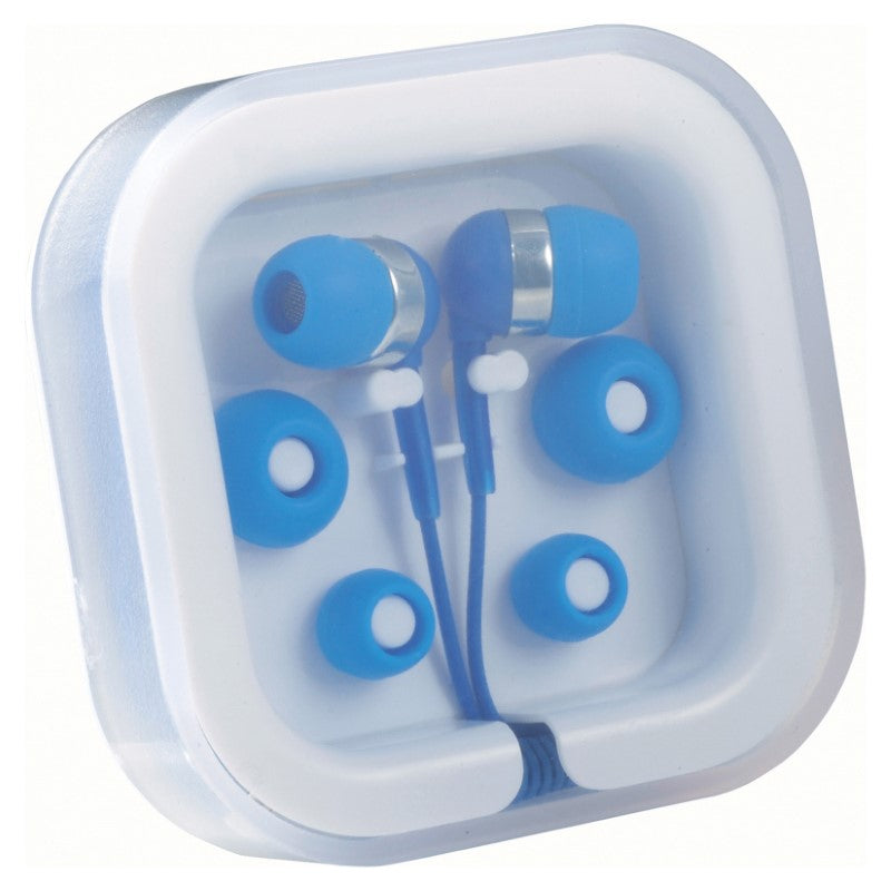 Blue earbud organizer case with cable storage, 3 soft rubber eartips, and long 1100mm cord for tangle-free listening.
