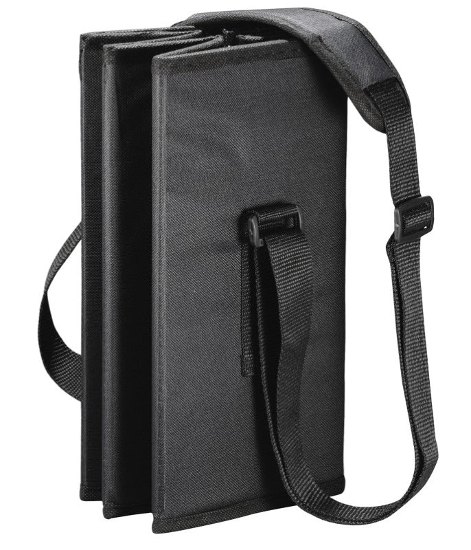 Multifunctional cooler bag and seat, made of durable 600D Polycanvas, holds 24 cans and supports up to 90 kg; folds flat for storage.