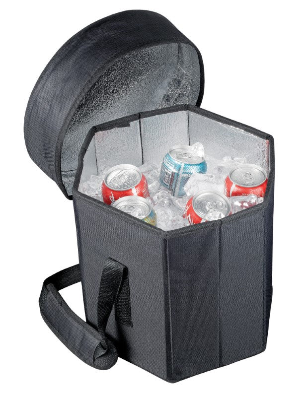 Multi-functional cooler bag that doubles as a seat, holds 24 cans, supports 90 kg, and folds flat for storage.