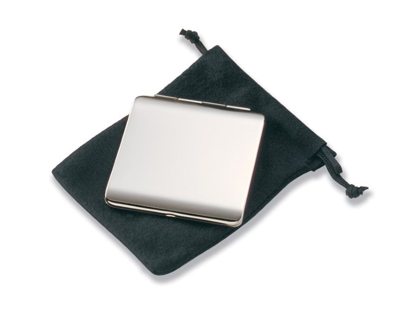 Elegant polished nickel compact mirror, portable and stylish, includes velvet pouch and gift box, perfect for beauty on-the-go.