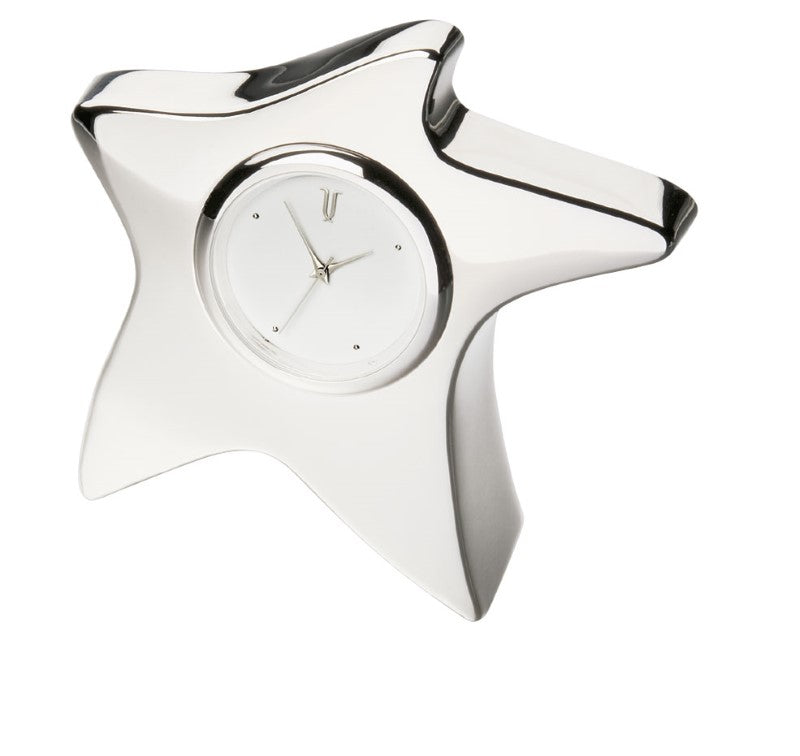 Star shaped desk clock in sleek nickel finish, perfect for modern decor, measuring 85mm x 85mm x 20mm.