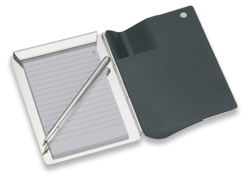 Pocket-sized jotter with polished nickel finish, 24 pages, pen included, magnetic closure, perfect for on-the-go organization.