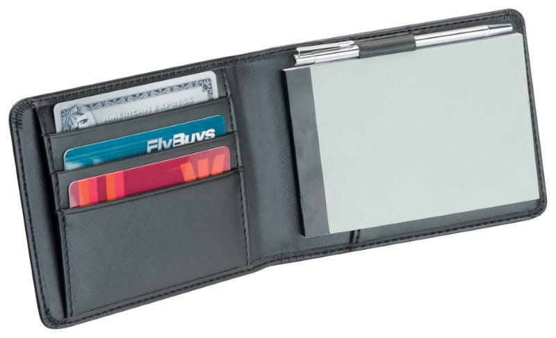Notepad Card Holder featuring a PVC exterior, 40-page notepad, slip pocket for cards, and a blue pen, packaged in a gift box.