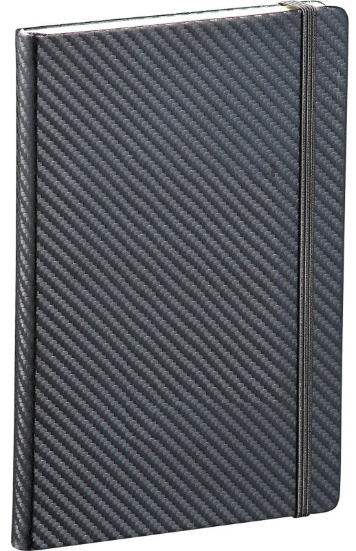 Sleek carbon fibre journal with elastic closure, ribbon marker, 80 lined sheets, and back pocket for storage.
