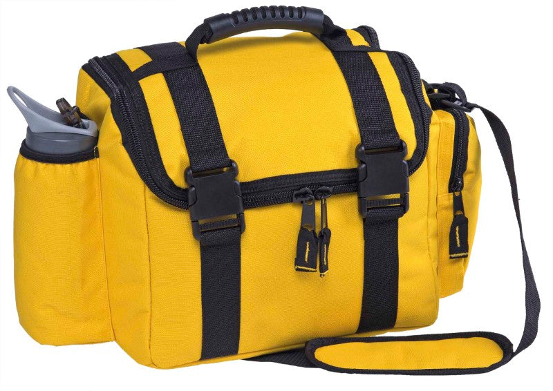 Durable yellow outdoor bag with insulated pocket, spacious main compartment, and convenient U-shaped zippers.