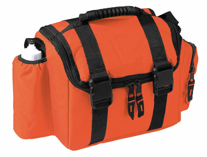 Bright orange insulated cooler bag with durable 600D polyester, large zippered opening, and adjustable shoulder strap for outdoor use.