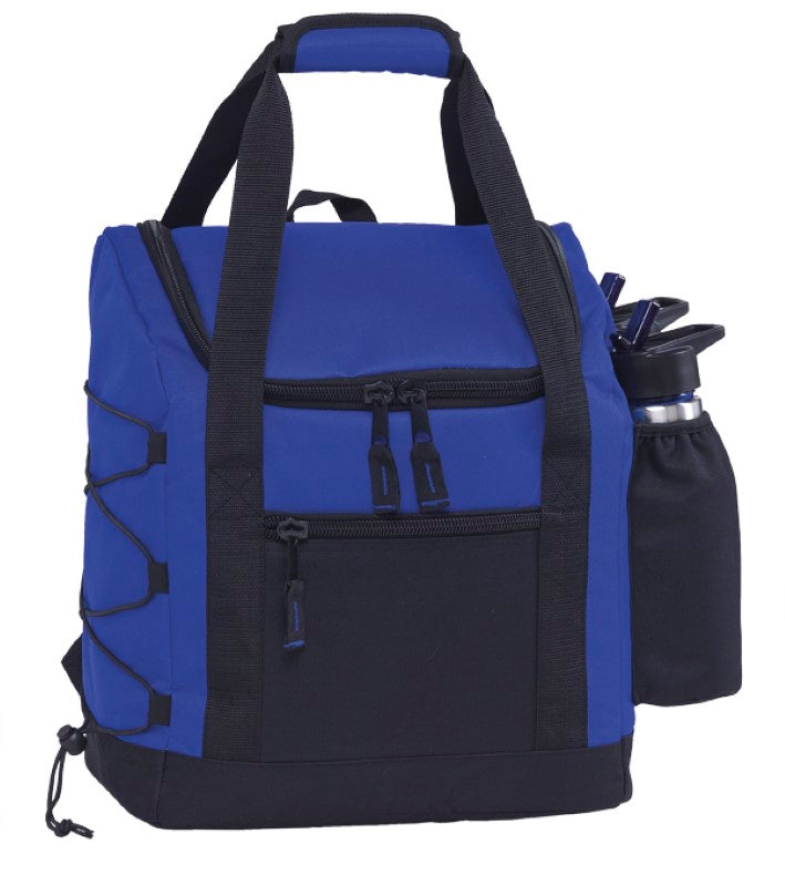 Insulated blue and black backpack cooler with padded straps, drink holders, and durable construction for outdoor adventures.