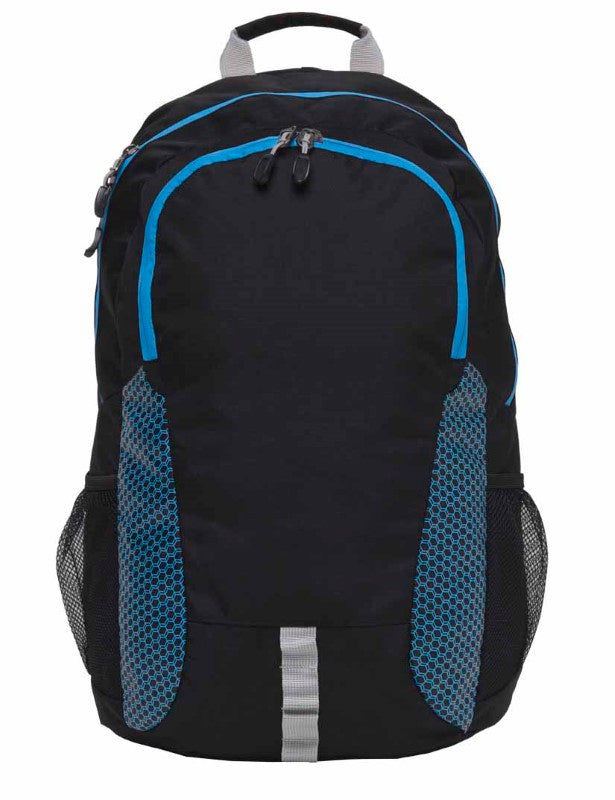 Black and blue Grommet Backpack featuring a honeycomb print, padded for laptops and tablets, with adjustable straps and drink pockets.
