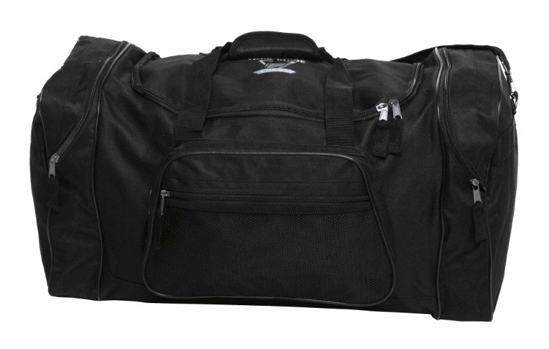 Durable black sports bag with 71L capacity, U-shaped zipper, adjustable strap, and multiple storage pockets.