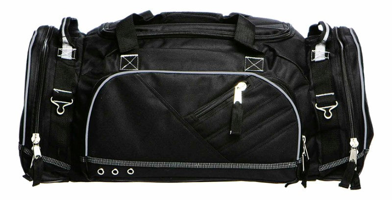 Black Recon Sports Bag with reflective accents, durable polyester, ample storage, and versatile carrying options.