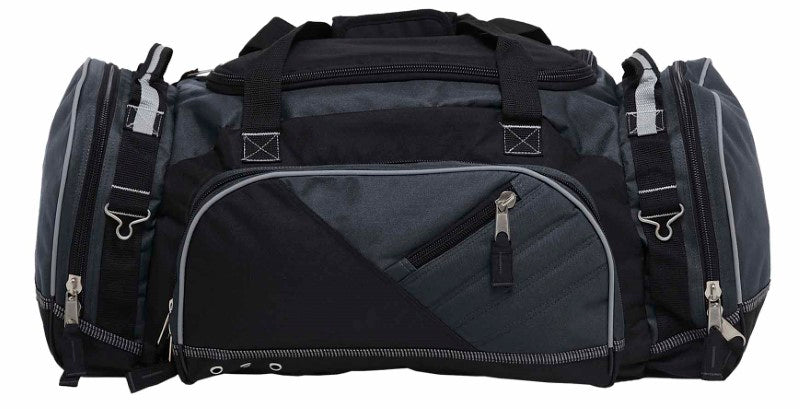 Dark grey and black Recon Sports Bag with spacious compartments, durable material, and multiple carrying options for active lifestyles.