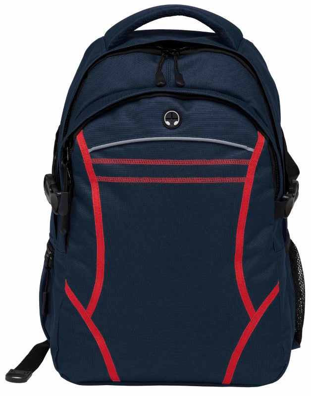Reflex Backpack in Dark Blue/Red features durable 600D polyester, spacious compartments, padded iPad section, and reflective detailing.