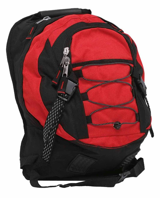 Red and black Stealth Backpack featuring durable polyester, ample storage, adjustable straps, and ergonomic support for adventures.