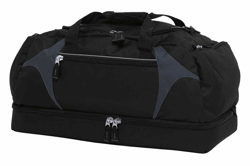 Durable black and dark grey sports bag with spacious compartments, adjustable shoulder strap, and reflective accents for athletes.
