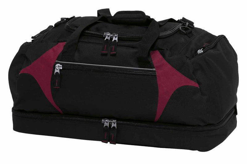 Spliced Zenith Sports Bag in black and dark red with durable design, spacious compartments, and comfortable carrying options.