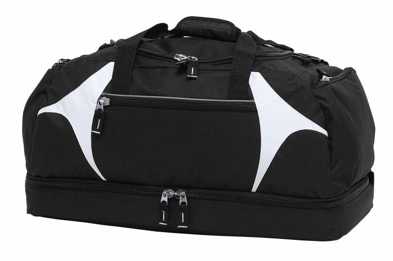 Spliced Zenith Sports Bag in Black/White with large compartments, durable material, and adjustable strap for versatile use.